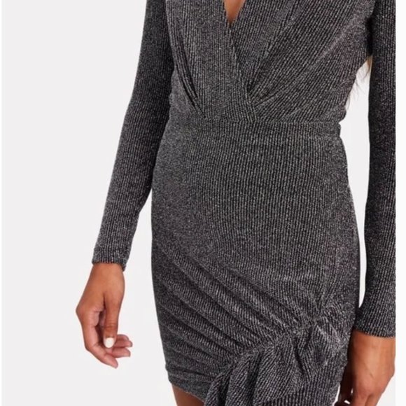 NWT -IRO Noize Ruffled Wrap Effect Metallic Silver Black Rib Knit Mini Dress 40 - Picture 2 of 7